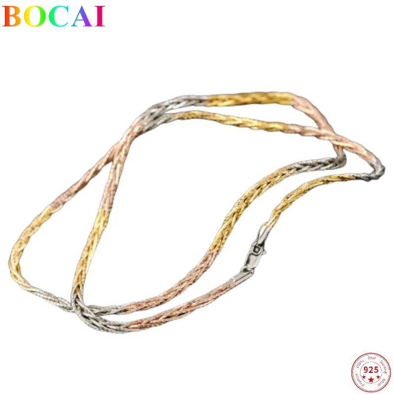 BOCAI  S925 Sterling Silver Necklace for Women Five Wires Plated Tricolor Gold Super Flash 3mm Rope-chain Jewelry Wholesale