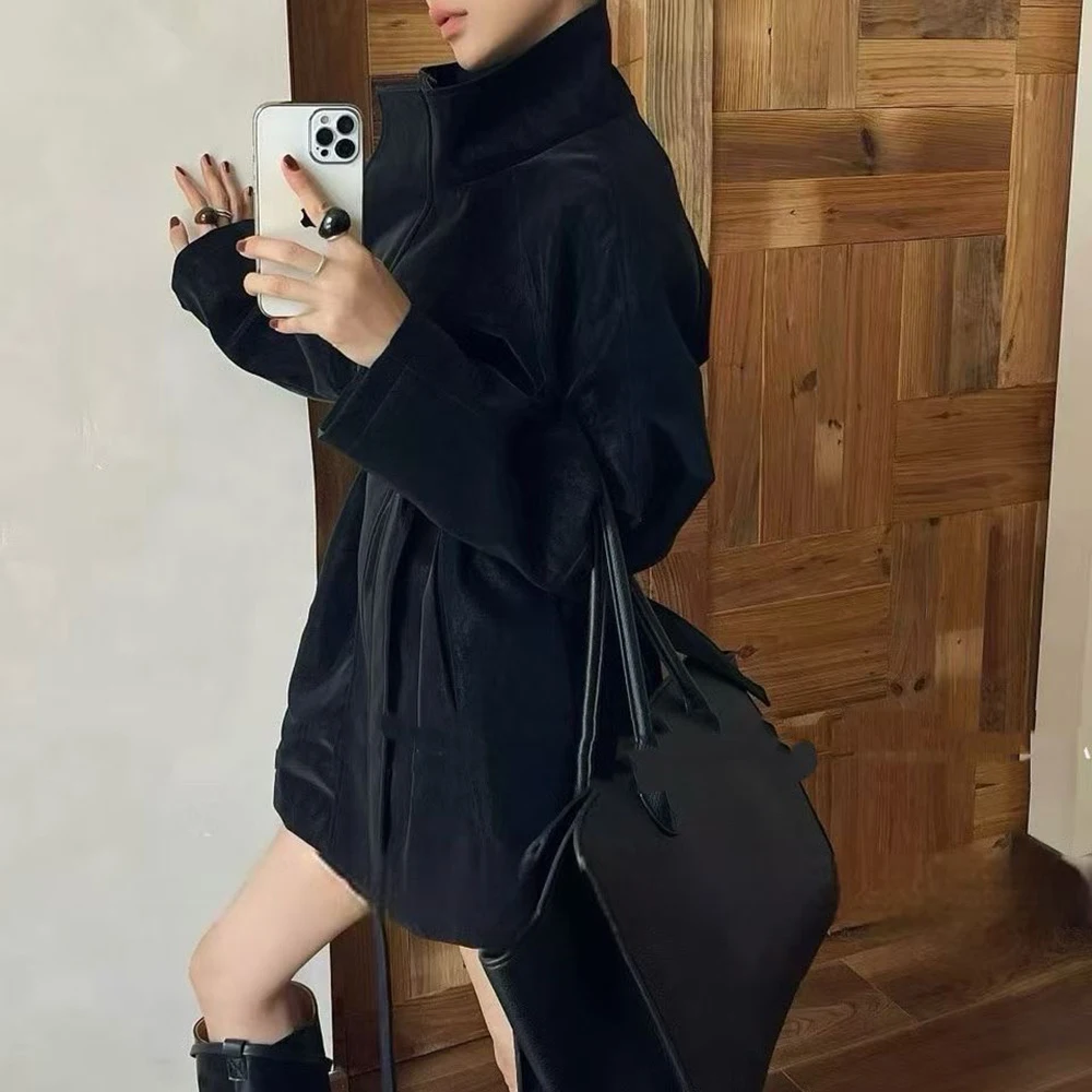 투트윈스타일 솔리드 스플라이스드 밴디지 시크 재킷 여성 터틀넥 긴팔 루즈핏 여성 재킷 가을 패션