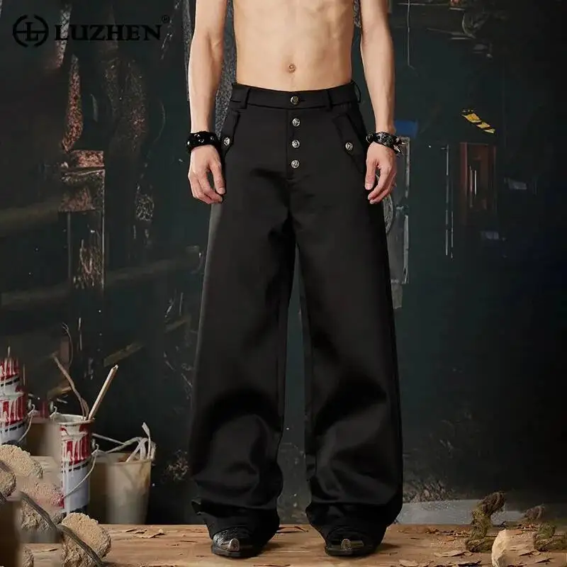 LUZHEN 2026 Spring Simple Handsome Multi Buttoned High Waist Casual Pants Men's Fashion Original Baggy Wide Leg Trousers JY6665
