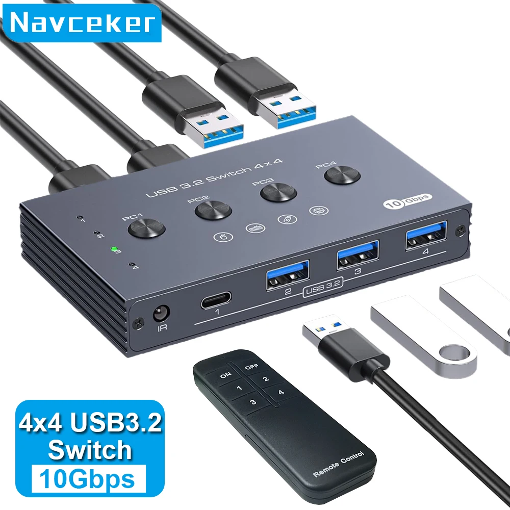 

Navceker 10Gbps USB 3.2 Switch 4 Computers Share 4 Peripherals 4 Port USB 3.2 Switcher for Mouse Keyboard Printer with Remote