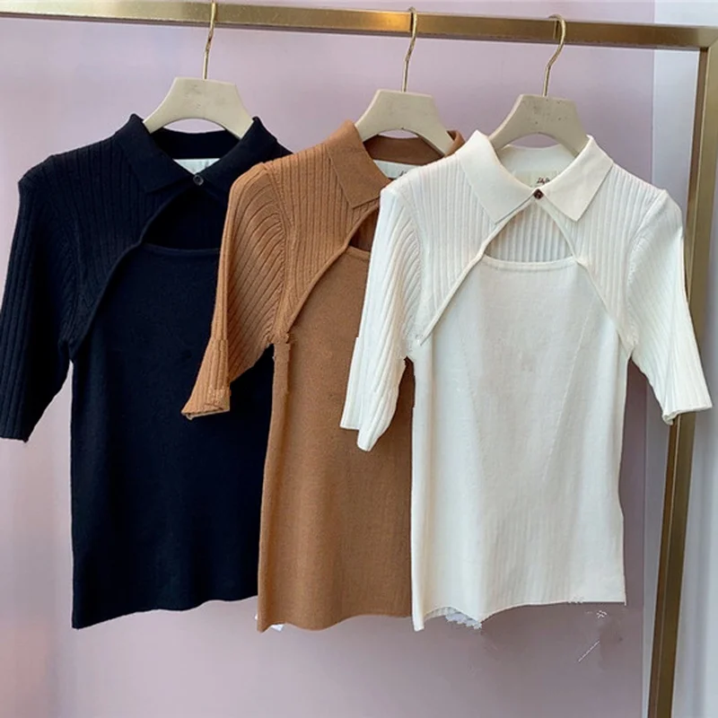 

Japan Style Pullovers 2022 Autumn New Design Women Jumpers Sexy Hollow Lapel Half Sleeve Solid Slim Knitted Sweaters