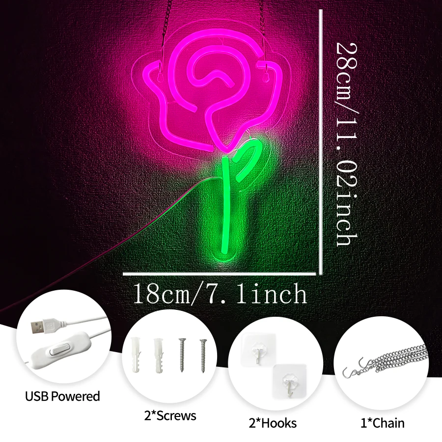 لافتة نيون LED على شكل زهرة، وردة وردية مع أيقونة جذعية خضراء، تستخدم لغرفة النوم، والإكسسوارات المنزلية، ومتجر الزهور، والحفلات، وديكور العطلات. #2