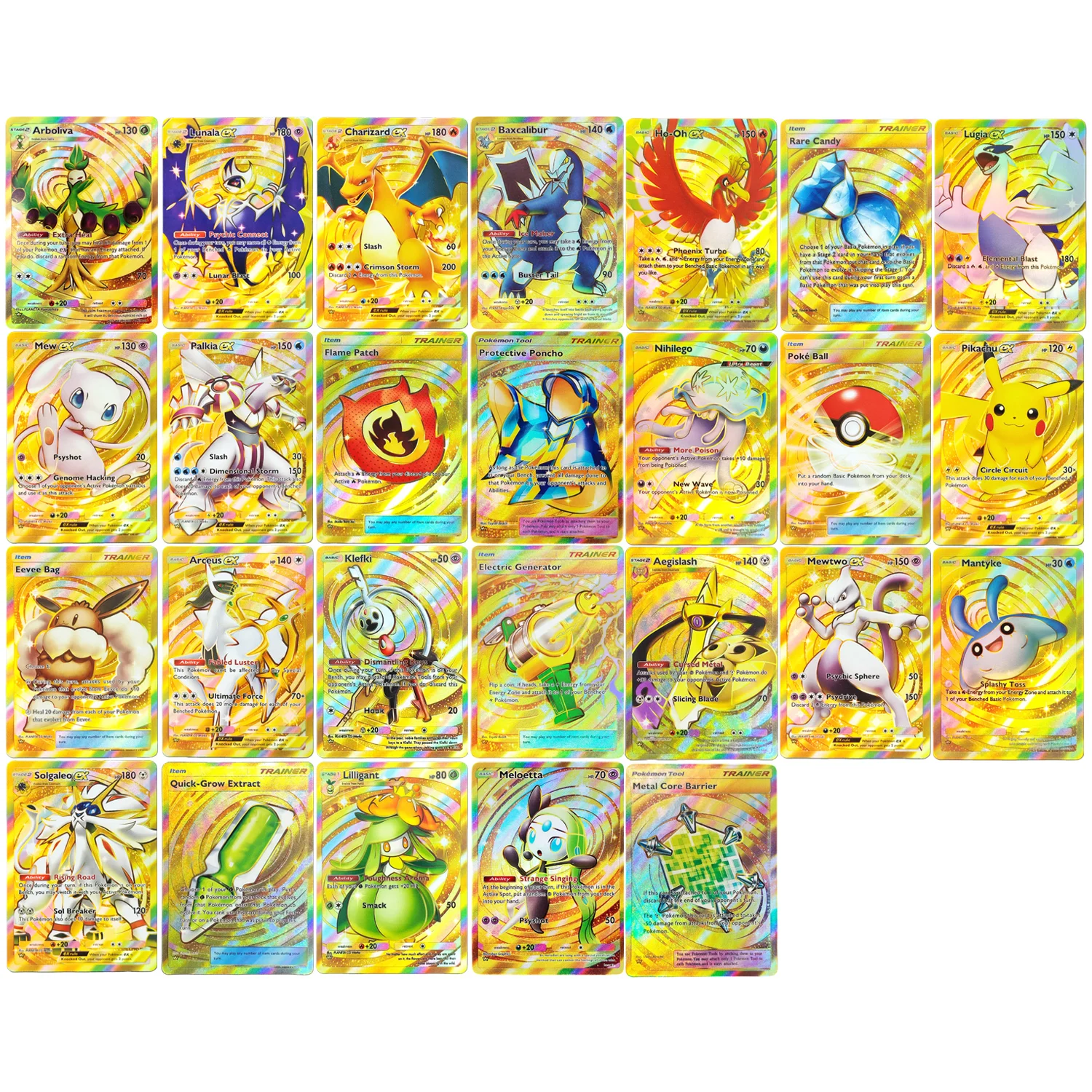 Selbstgemachte seltene Mewtwo Candy Charizard Eevee Mew Lilligant Ho-oh Lugia Arboliva Gold Spielkarte Spielzeug
