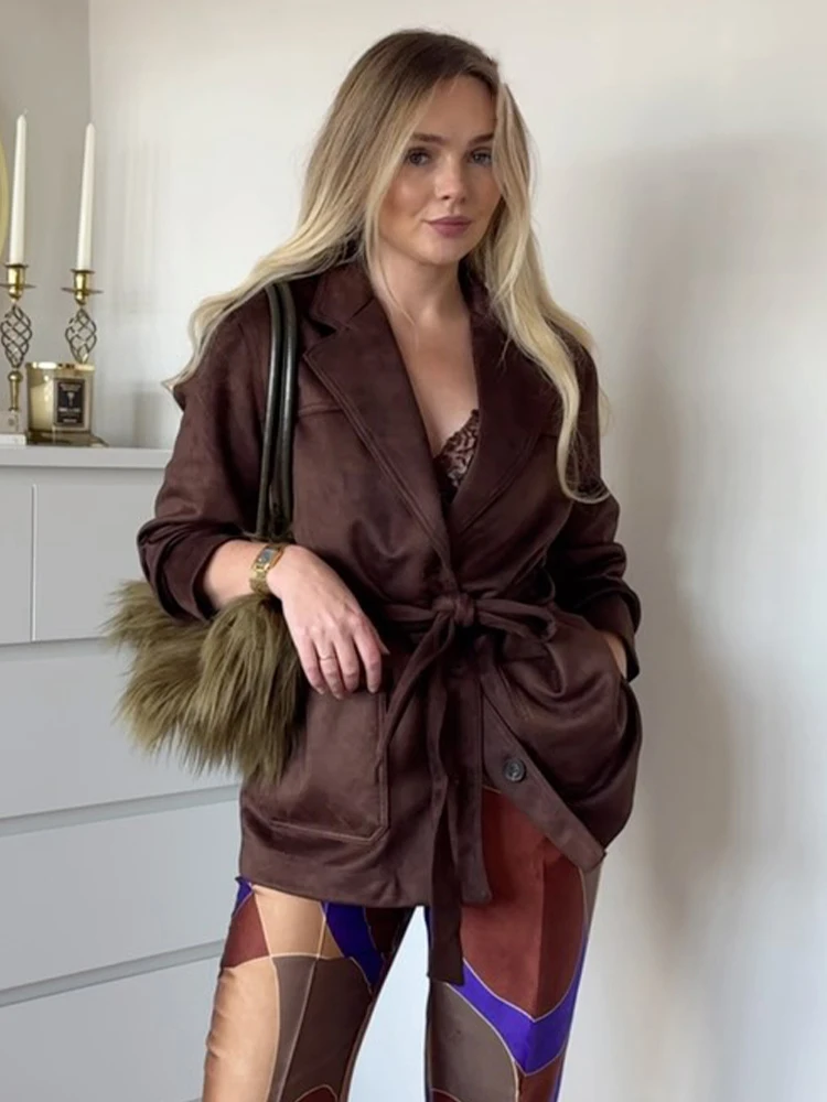 

HH женская осенняя повседневная куртка однотонная с отложным воротником и карманами на поясе однобортная женская мода свободные пальто с длинными рукавами