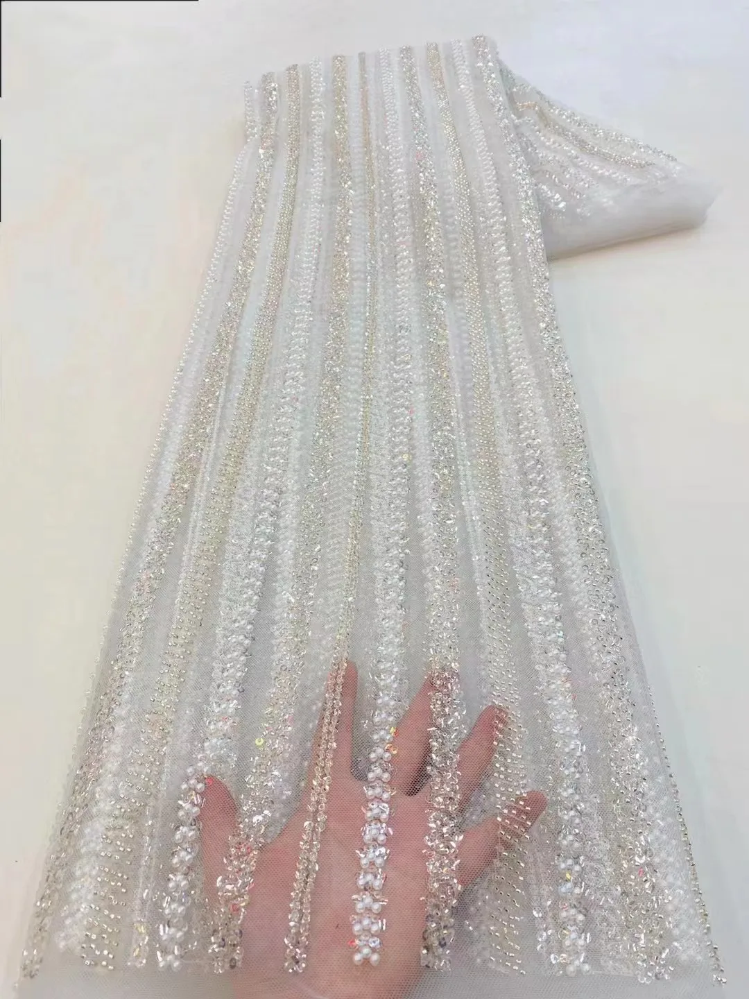 2.5Yards Beaded Lace Fabric French Tulle Embroidery Lace High Quality African Sequins Beads Fabric For Women Wedding Dresses