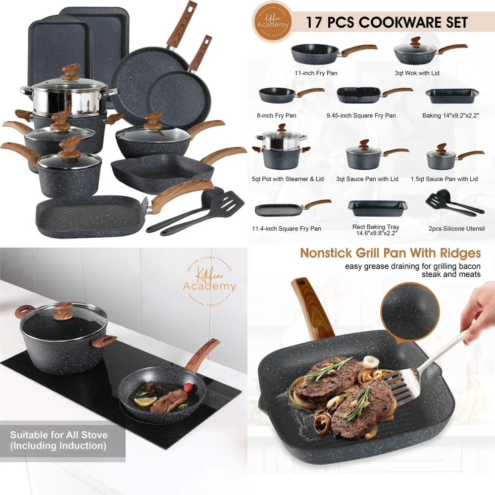 

Наборы посуды, 17 предметов, набор посуды с антипригарным покрытием и гранитом, кастрюли, сковороды, формы для выпечки, черные