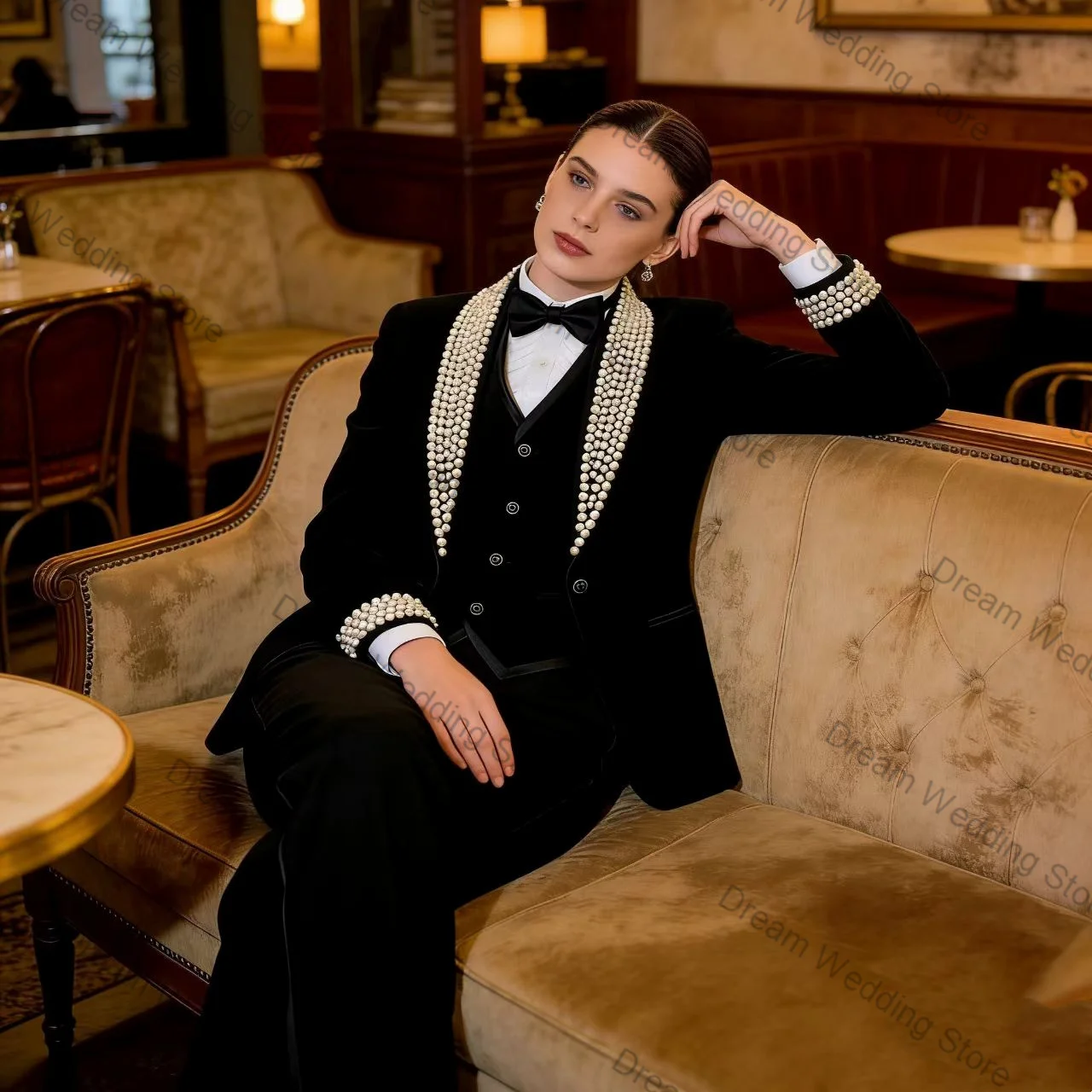 

Pearls Black Women Suit Set 2 Pcs Blazer+Pants Trousers Spring Autumn Formal Office Lady Jacket Customized Wedding Guest Coat