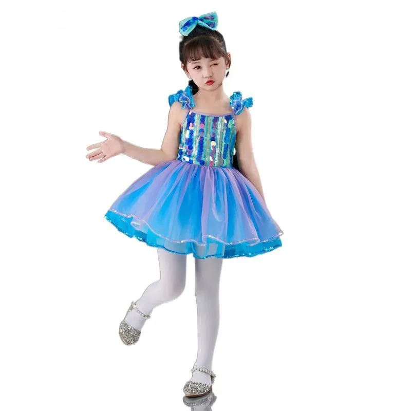 

2PCs kids girls ballet dance outfits glitter sequins tutu dress with hair clip jazz hip hop ballroom stage performance costume