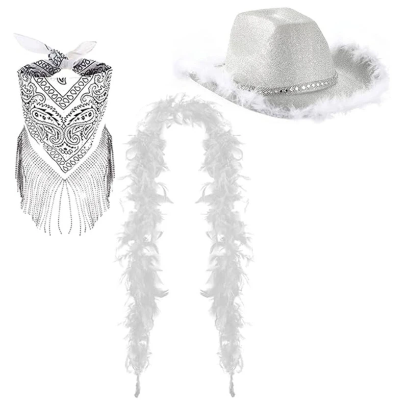 Blingbling Cowgirl Hat Scarf and Tassels Scarf Sequins Hat and Kerchief Rhinestones for Role Play