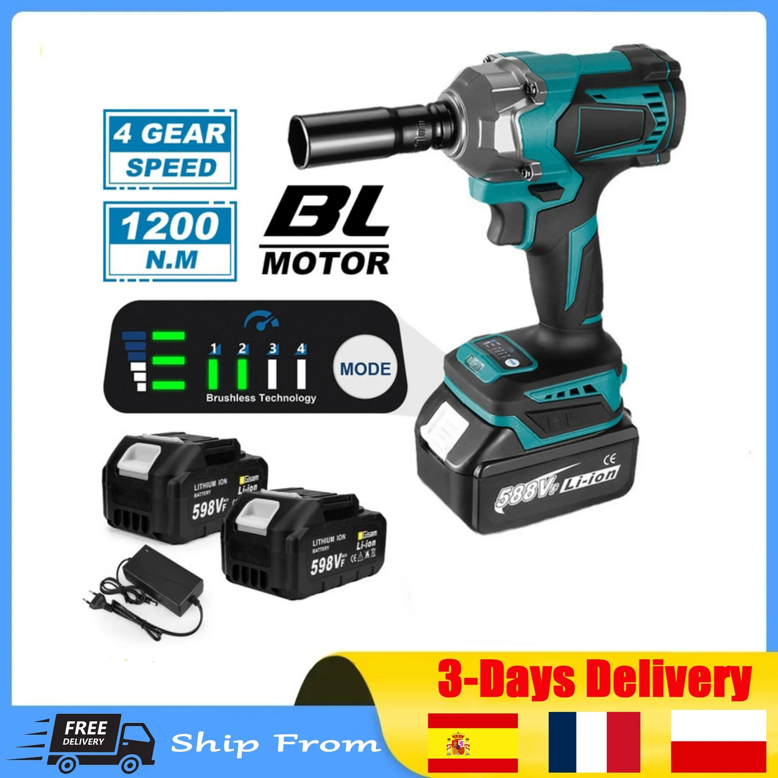 Clé à chocs électrique sans balais 1200 N.m, 1/2 pouce, sans fil, pour réparation automobile, outil électrique compatible avec batterie Makita 18V