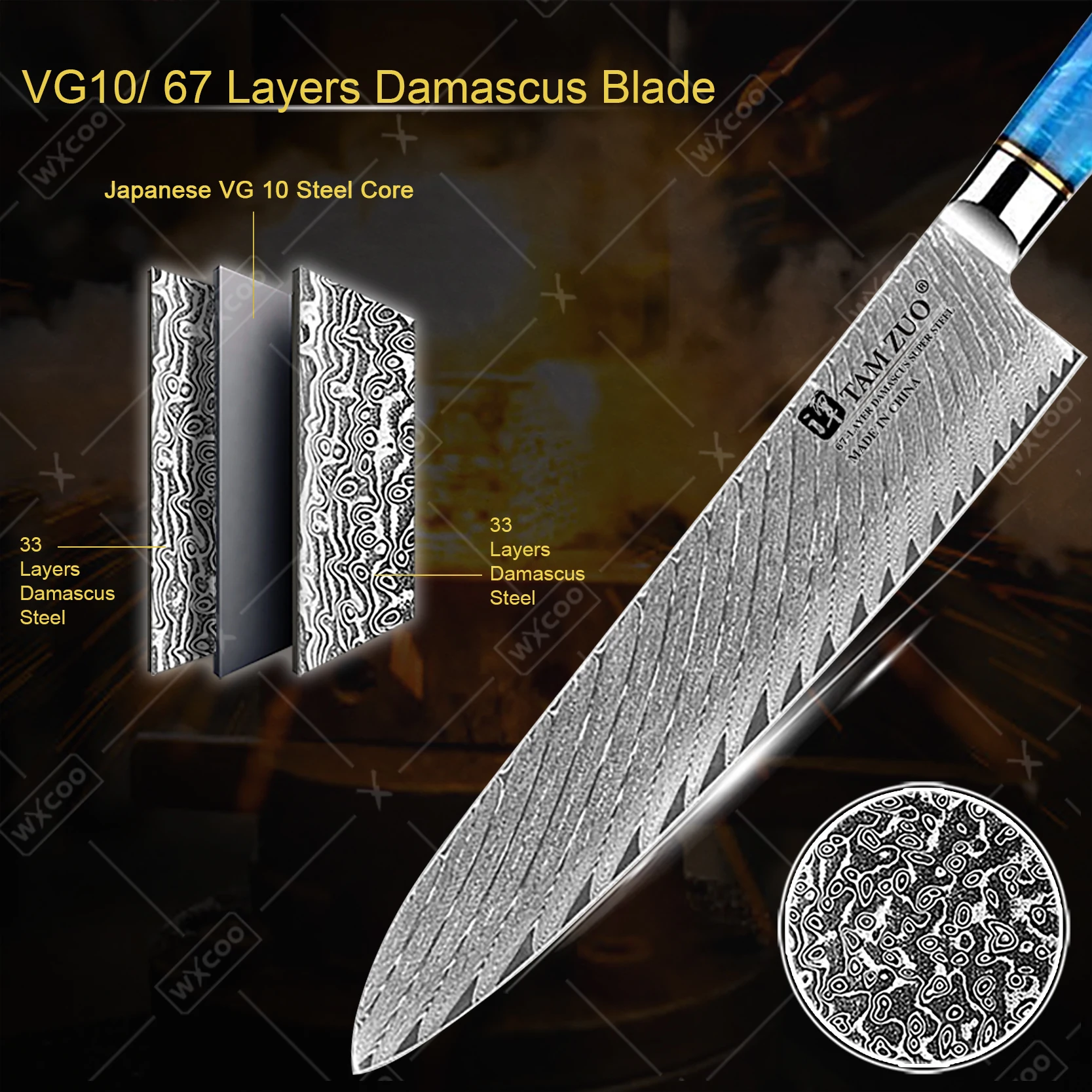 WXCOO Damascus 67 Layer Kitchen Knife VG-10 Steel Knives Meat Cleaver Bread Cutter Japanese Santoku Slicing Knife with Box