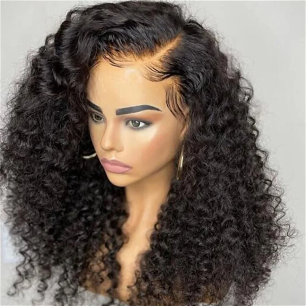 Peruca dianteira do laço longo Kinky Curly para mulheres, preto natural, cabelo do bebê, pré-arrancado, resistente ao calor, sem cola, diariamente, 180 densidade, 26"