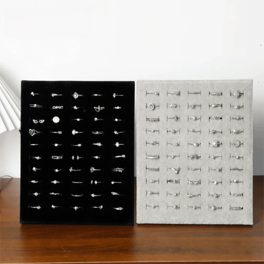 L-shaped Velvet Ring Display Stand Vertical Freestanding Jewelry Display Board 50-slots Ring Organizer Rack