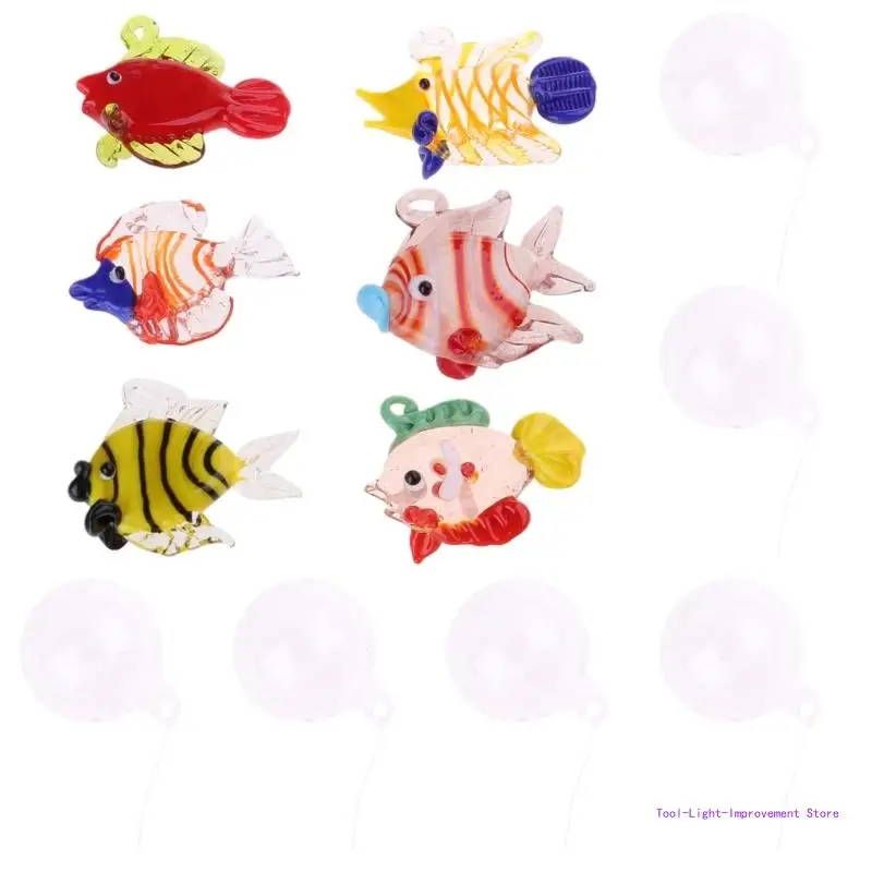 C63E (6Pieces) Colorful Glass Floating Fish Decors Aquarium Float Decoration Handcraft Bubble Designs for Home Decors