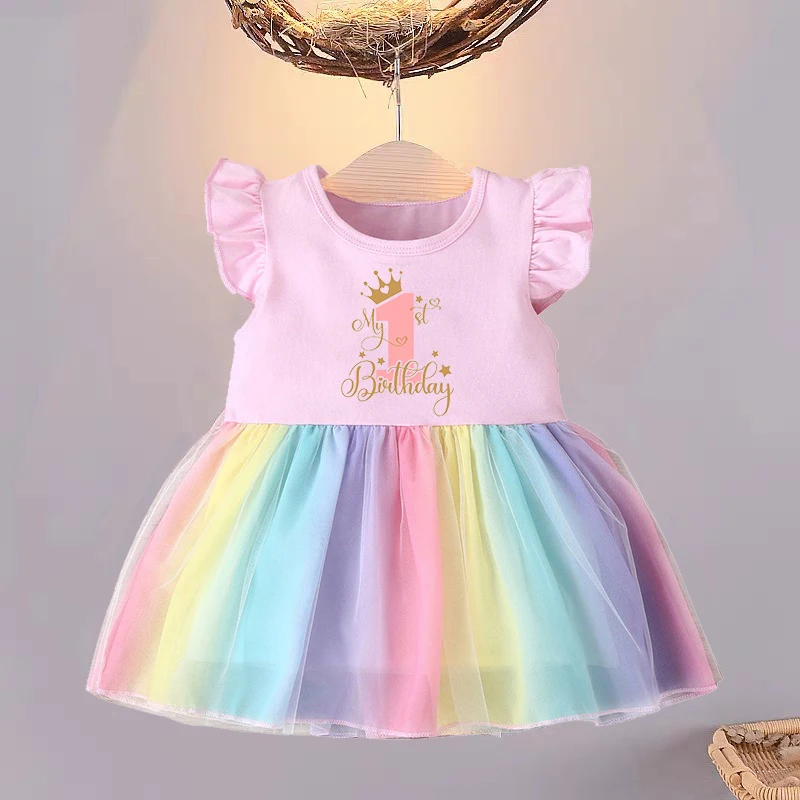 Baby Girl 1-4 Birthday Outfit Flying Sleeve Newborn Infant Summer Girl Dress Birthday Party Princess Dress Children Clothing