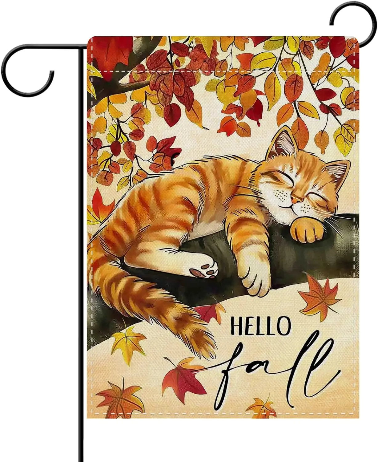 Dyrenson Hello Fall Sleeping Orange Cat Decorative Garden Flag, Autumn Branches Maple Leaves Yard Outside Home Decoration Pe UUN