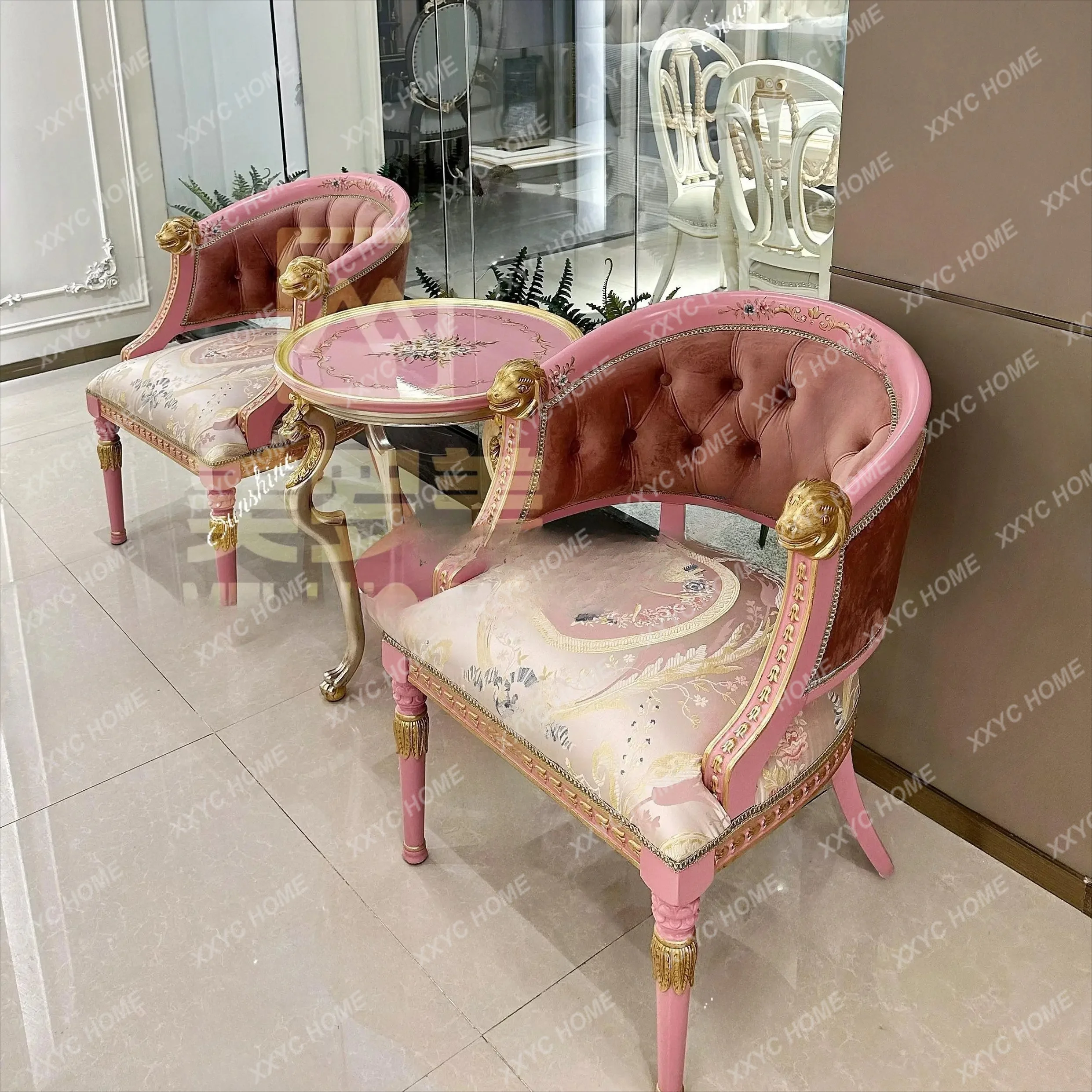 XX  pink court style retro gold foil solid wood carving flower bedroom fabric room leisure chair