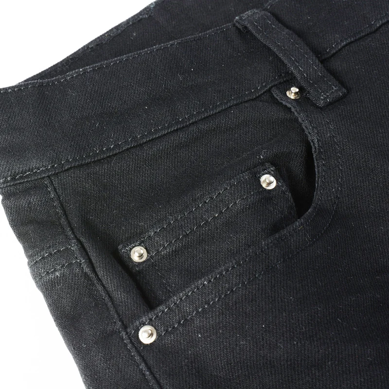 Pantalones vaqueros de moda de venta al por menor para hombre, pantalones vaqueros rasgados ajustados elásticos negros, pantalones vaqueros de Hip Hop de marca de diseñador parcheados con cuentas para hombre