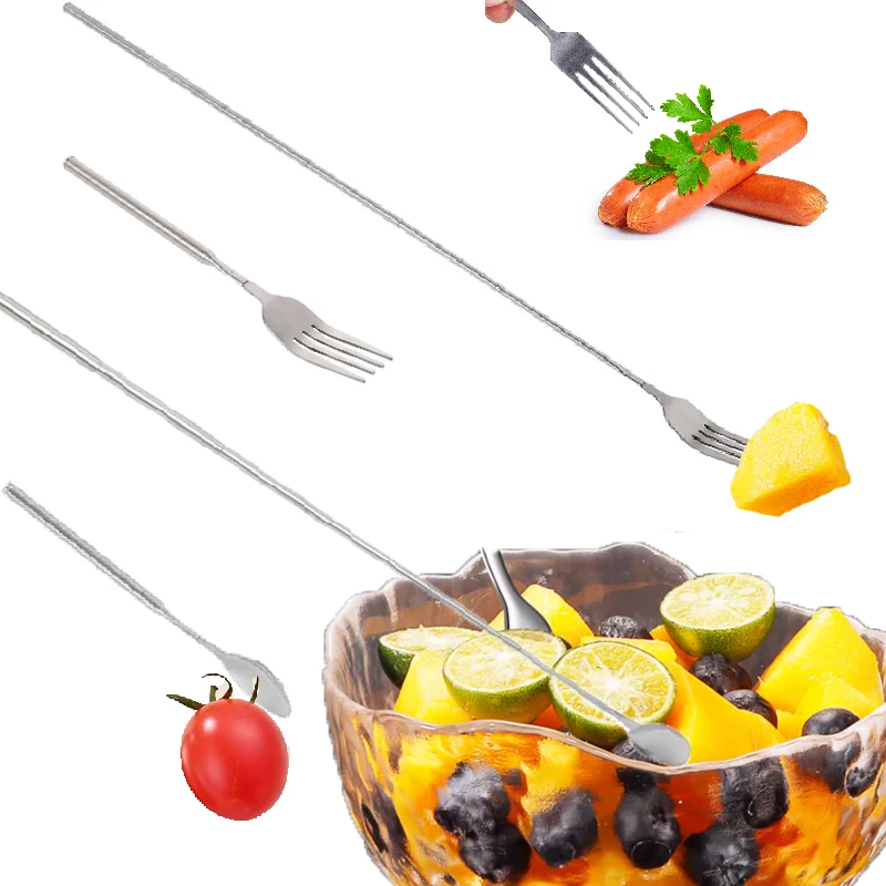 BBQ Fork Spoon Stainless Steel Dinner Fork Spoon Telescopic Extendable Fruit Dessert Long Handle Fork Coffee Cocktail Wine Spoon