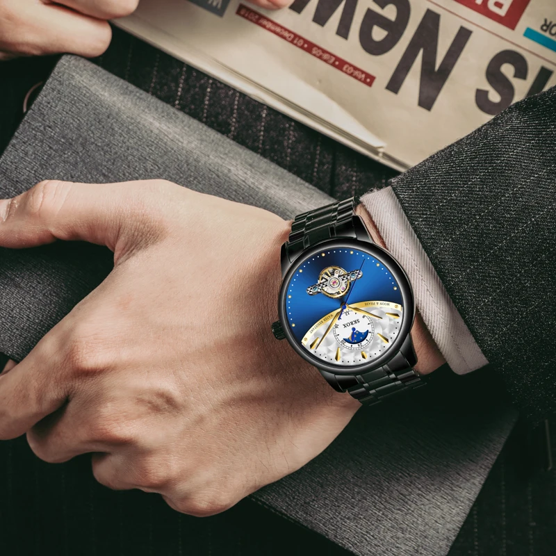 SKROX Maanfase Automatisch uurwerk Herenhorloge Mechanisch Waterdicht ridderpolshorloges Roestvrij stalen band Sportuurwerk