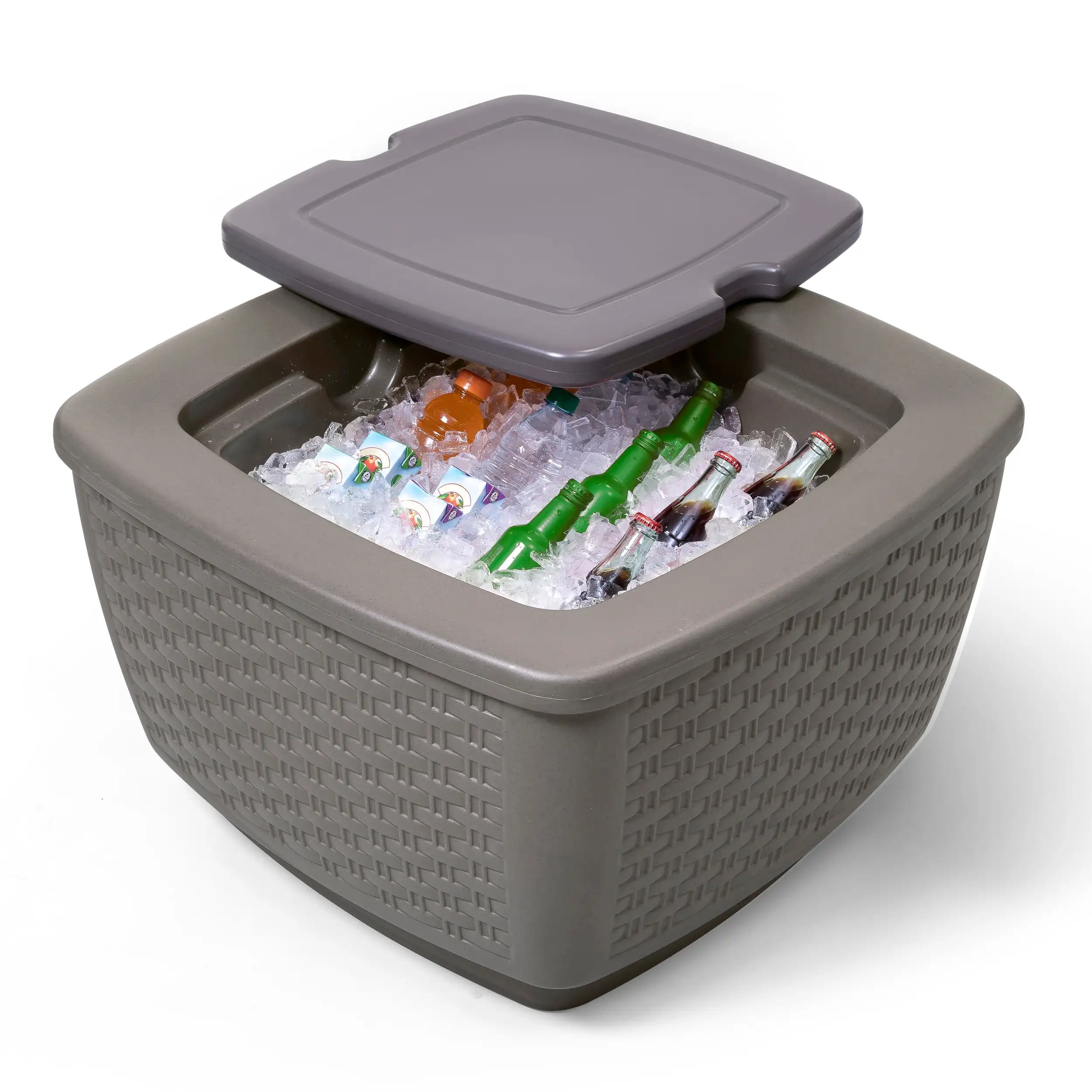 Brown Plastic Patio Bar Table Game Table and Outdoor Ice Cooler Table