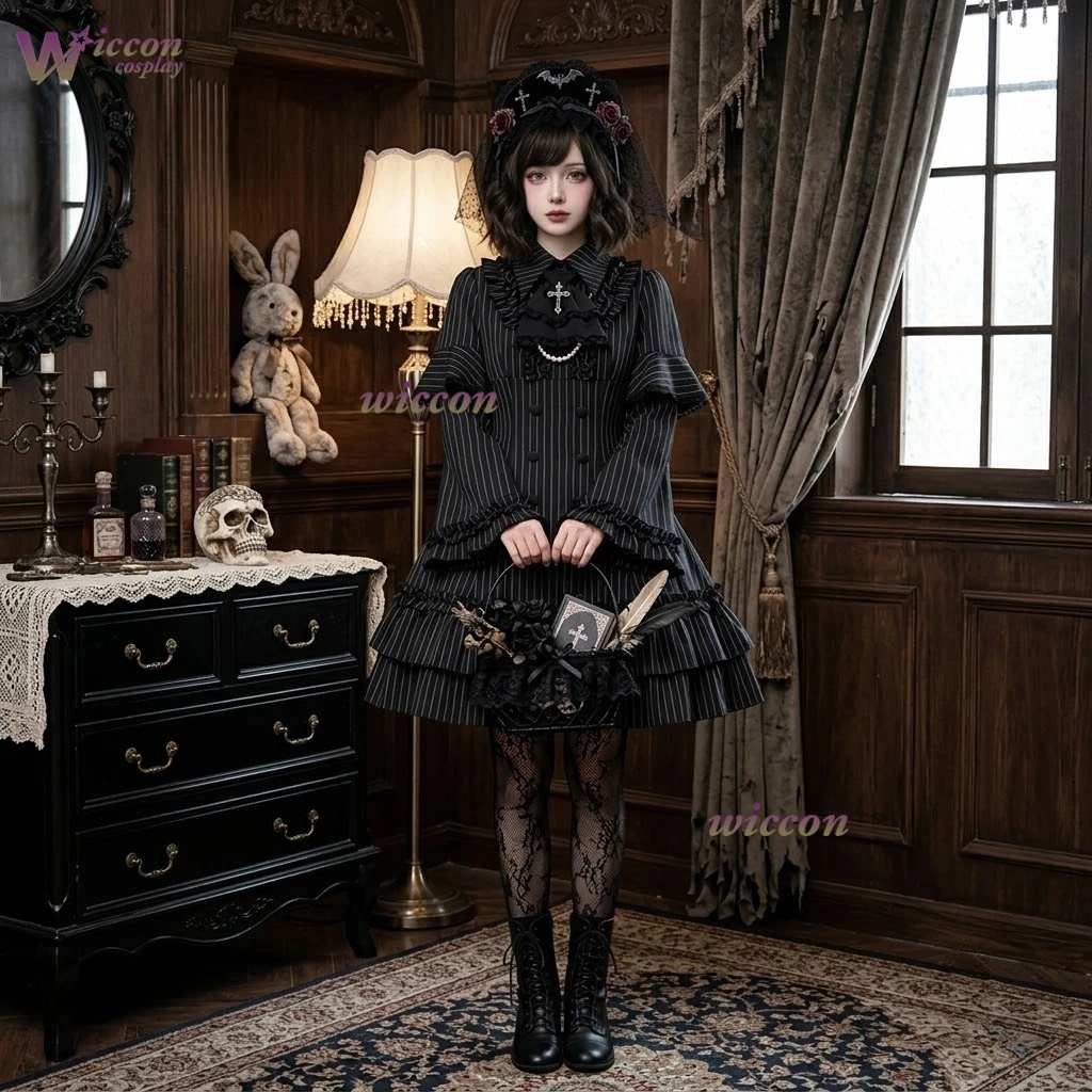 Cos Room Original Jirai kei Dress Style Faux Two-Piece Dress Dark Gothic Cosplay Costume Set Halloween Outfit Gothic Women Suit