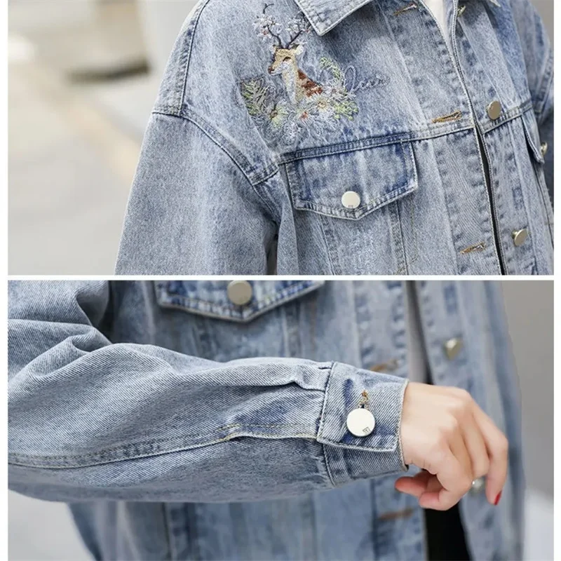2025 New Denim Jacket Flower Embroidery Hole Design Jean Coat Causal Long Sleeve Women Outwear Short Fashion Top Clothes W1893