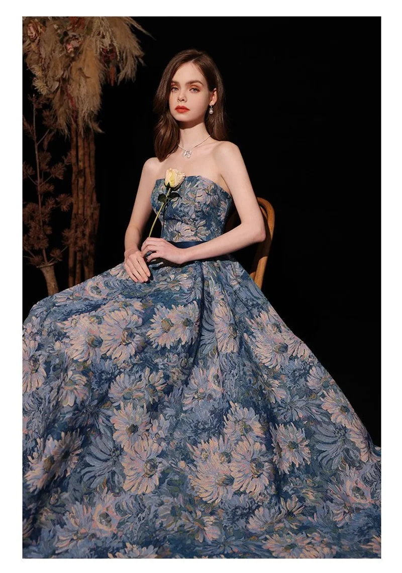 100% Real Photo Prom Dress Blue Flower Pattern A Line Princess Party abito da sera con maniche staccabili Robe De mariee
