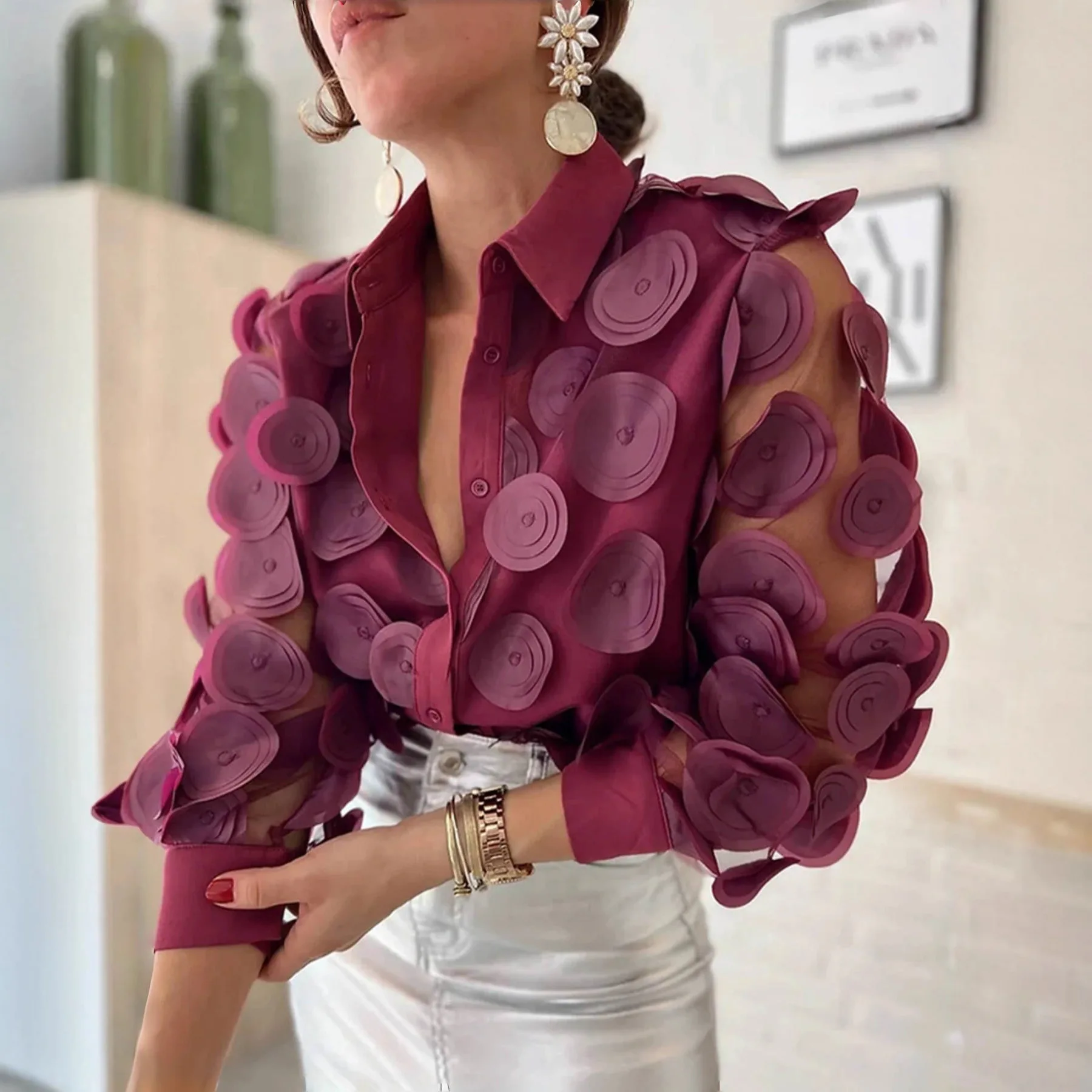 

New European and American mesh long-sleeve shirt, French elegant and fashionable floral design