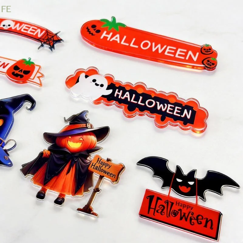 [F] Halloween Acrylic Cake Toppers With Cute Ghost Pumpkin Bat Patterns Smooth Edges For Halloween Party Baking Decoration