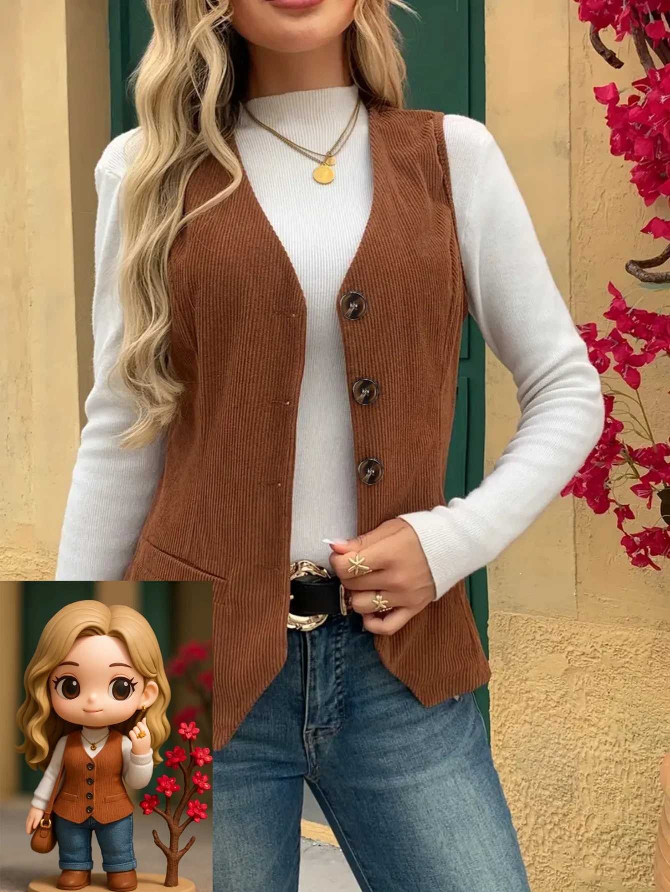 

Женский коричневый вельветовый жилет, однобортный костюм с v-образным вырезом, жилет, винтажный топ без рукавов в стиле вестерн в стиле бохо для повседневной работы, уличная одежда