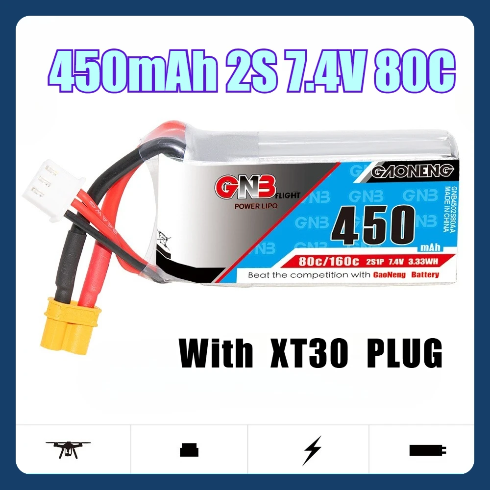 

10PCS 450mAh 2S 7.4V 80C LiPo Battery with XT30 Plug for Helicopter Quadcopter FPV Drone Parts Rechargeable Battery