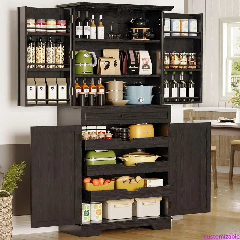 

72-inch Tall Freestanding Kitchen Pantry Cabinet with Sliding Rack and 6 Hanging Shelves