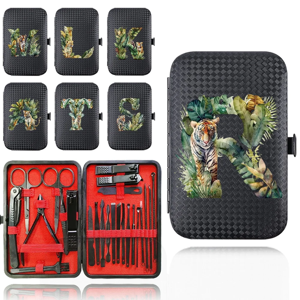 

24Pcs Manicure Set Pocket Stainless Steel Nail Clipper Kit Portable Bag Pedicure Care Tool Organizer Jungle Tiger Letter Pattern