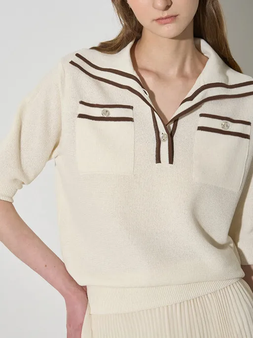 

Корейский трикотаж Sle Commuter ort Sve, женский модный облегающий топ с воротником контрастного цвета, полиэфирное волокно, стандартный крой