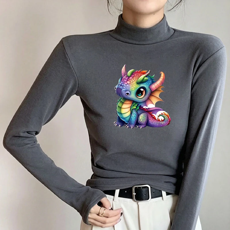 Winter Women's Thermal Brushed Fleece Half Mock Neck Long Sleeve T Shirt Rainbow Baby Dragon Side Graphic Warm Tee