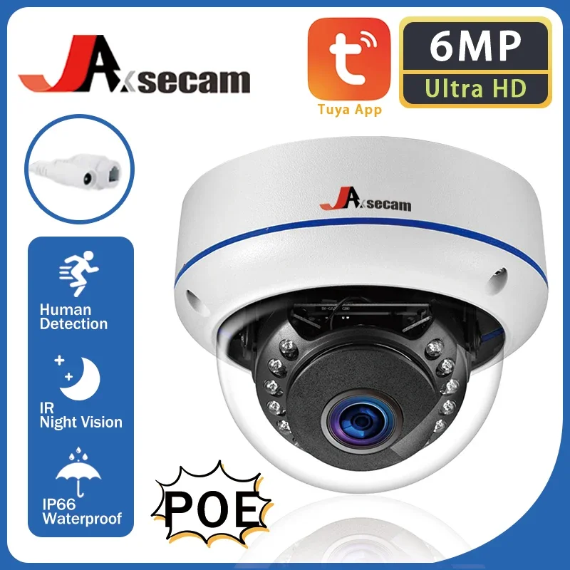 

Tuya 6MP HD 3.6mm Wide Angle Vandal Proof IP Camera Dome Metal Human Detect Audio H.265+ HD Video Surveillance POE CCTV Camera