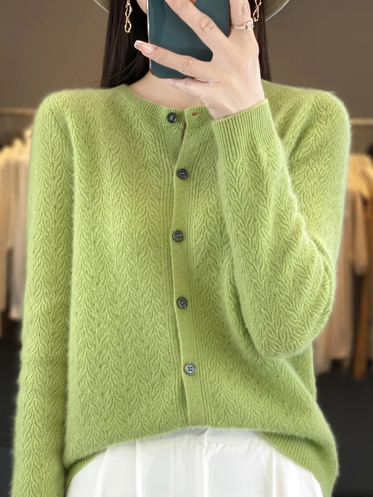 ADDONEE Spring Women O-neck Hollow Out Cardigan Sweater Grace Basic Long Sleeve Coat 100% Merino Wool Knitwear Korean Popular