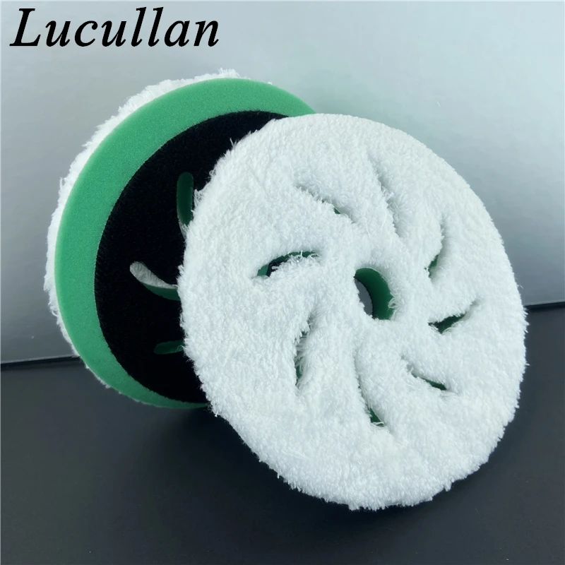 Lucullan 5.2inch Fan Blade Shape Hole Finishing Pad White Microfiber on a Green T Foam Sponge