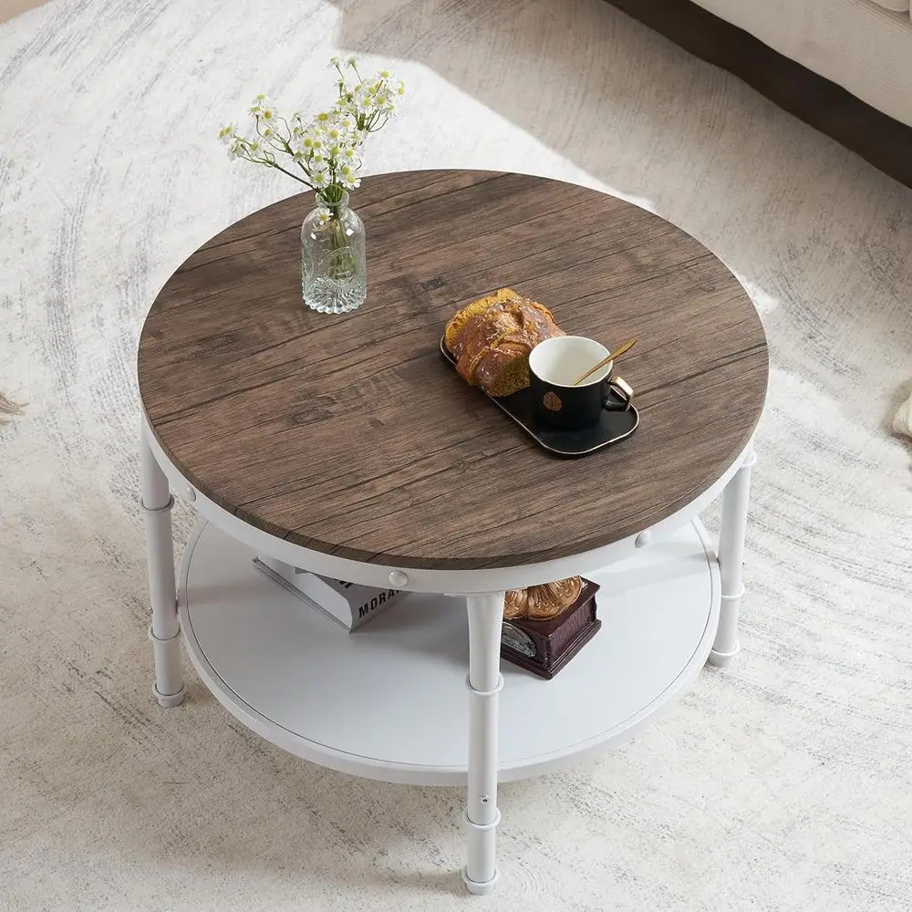 

2-Tier Walnut White Round Coffee Table with Metal Frame for Living Room, Bedroom, and Small Spaces
