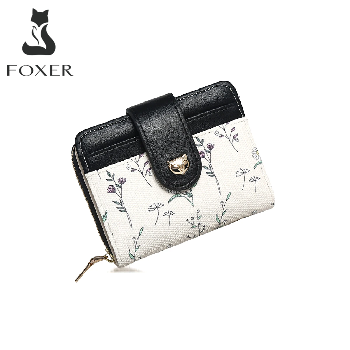 FOXER Luxury Women's Short Wallet, PU Leather Floral Printed Card Holder with Snap Closure, Small Zipper Coin Purse for Ladies