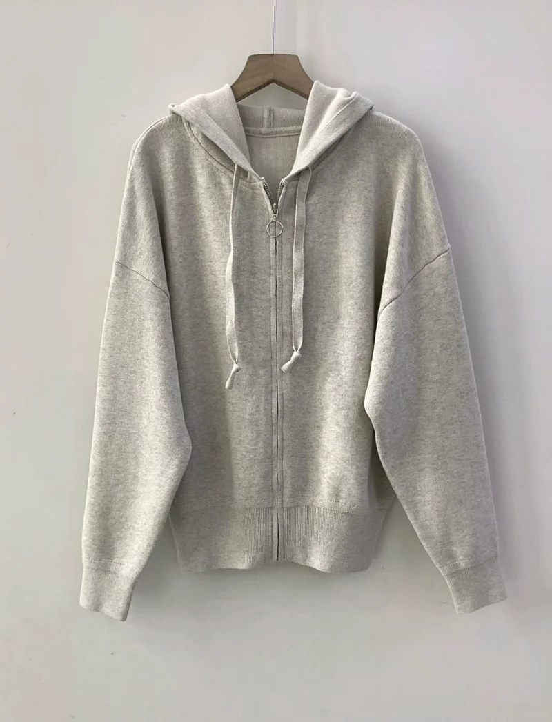 Zipper Hooded Jacket Loose and Slimming Classic Logo Embroidery Gray and White Casual Knitted Jacket Sports Shirt