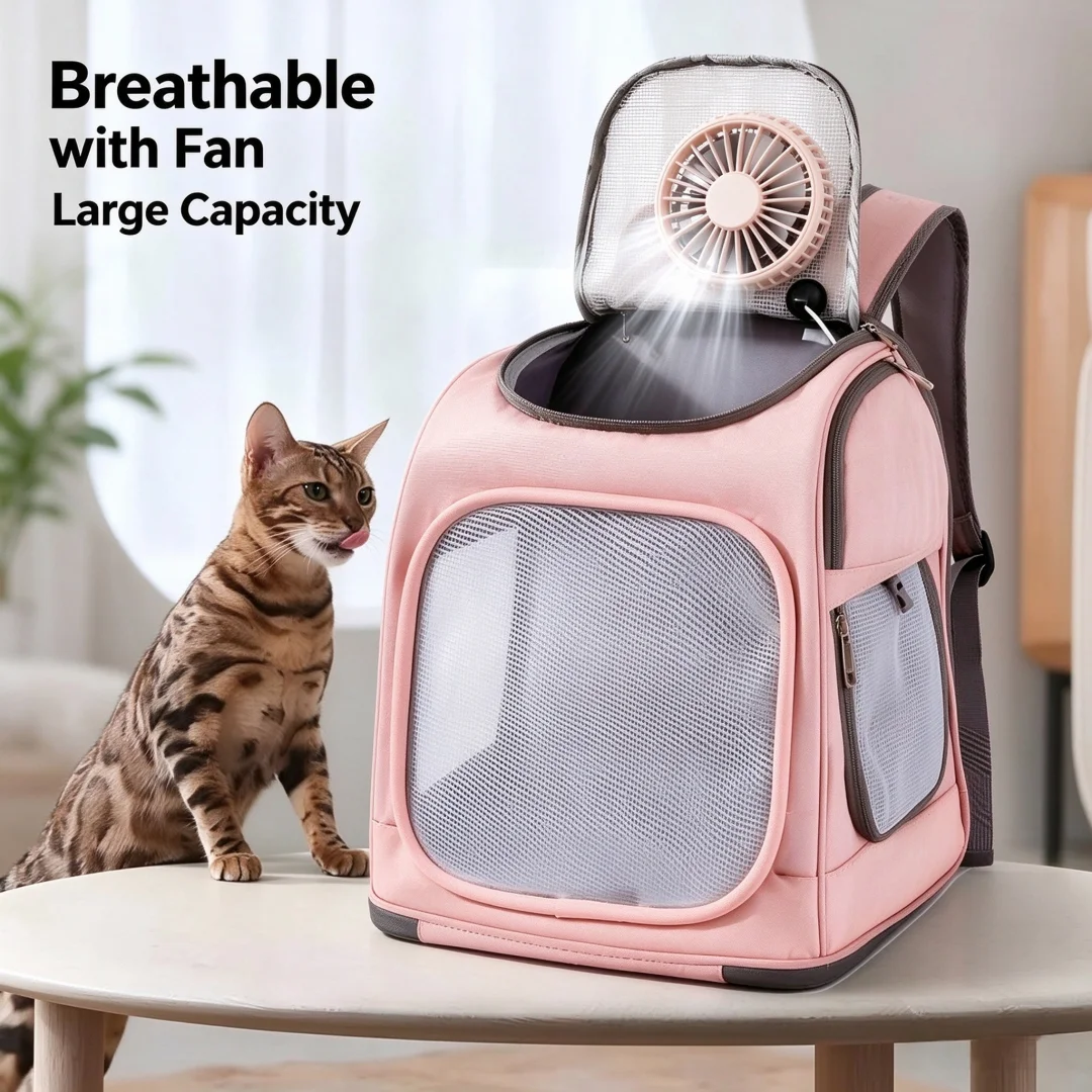 Breathable Cat Backpack with Fan Oxford Cloth Pet Carrier Bag Outdoor Travel for Cats Large Space Portable Backpack Within 7.5kg