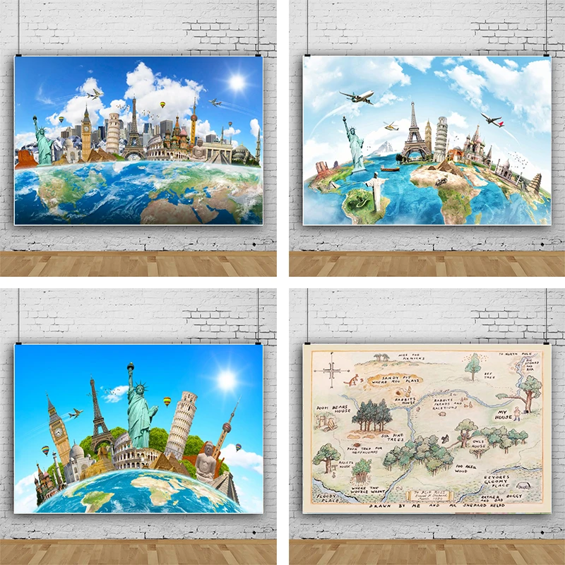 

Adventure Theme Backdrop Travel World Map Birthday Party Decorations Famous Landmarks Architecture Photography Background Banner