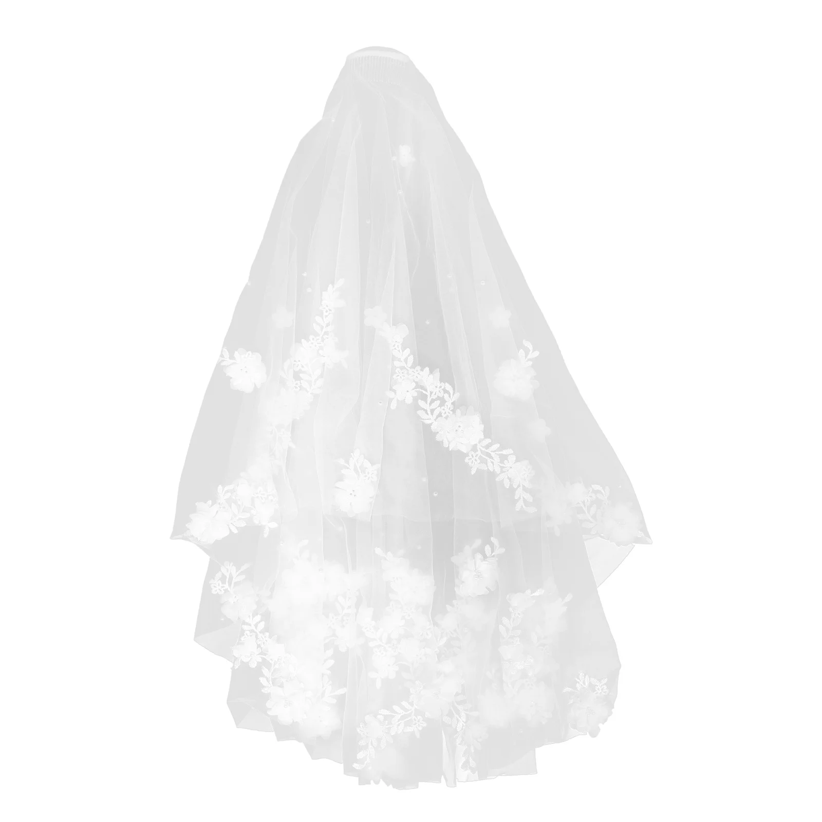 Velo da sposa Doppio strato Fiore di pizzo Perla Trim Tulle Lunghezza cappella Copricapo da sposa Pettine Accessorio per addio al nubilato