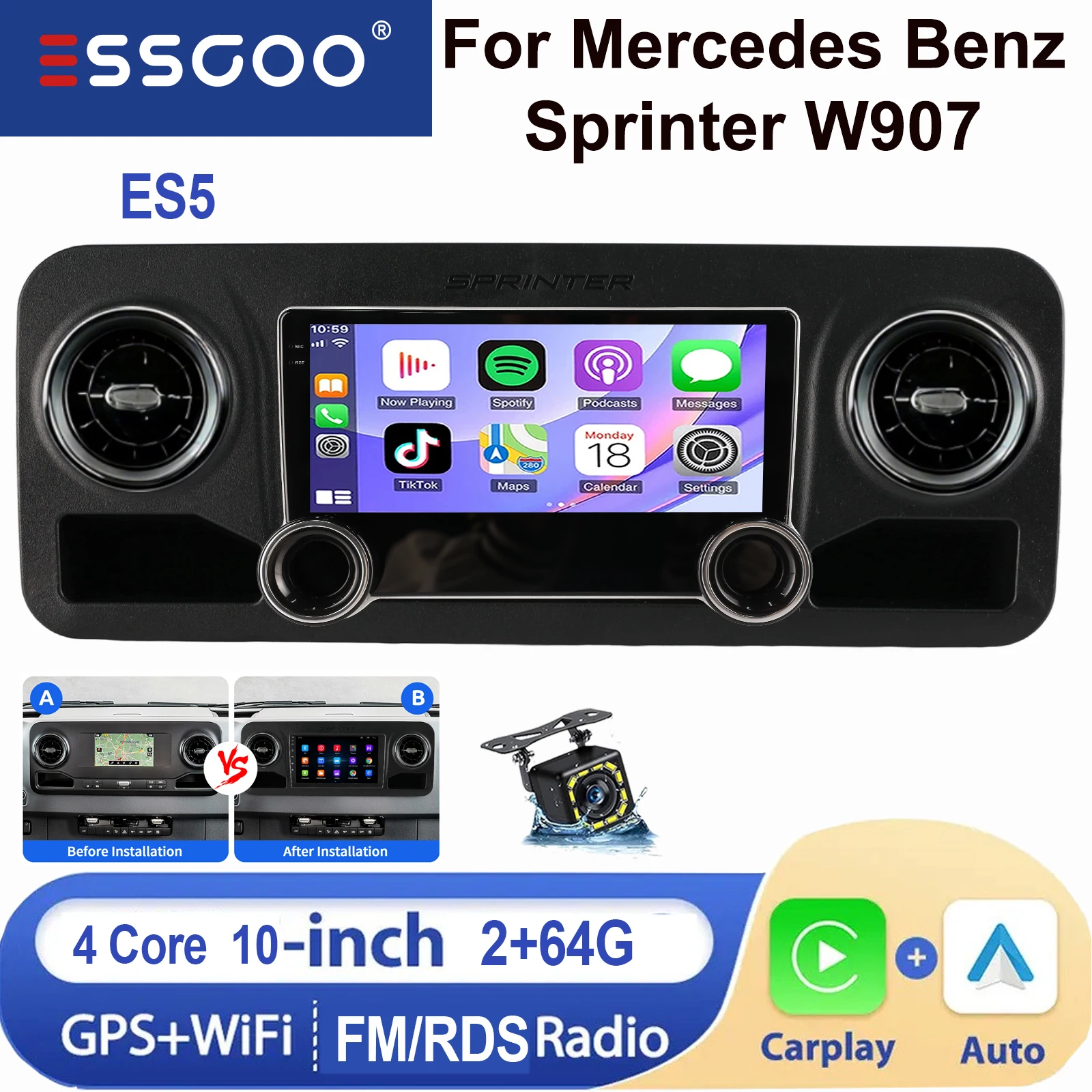 ESSGOO Android 15 IPS Touchscreen 10 Inch Voor Mercedes Benz Sprinter W907 2018-2023 Apple CarPlay Android Auto Draadloos Autoradio GPS Navigatie WIFI Stuurwielbediening RDS Bluetooth FM USB Spiegel