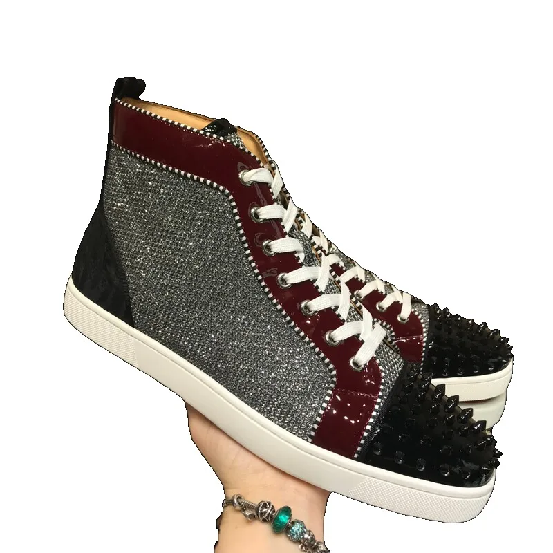 

Women High Top Red Bottom Shoes For Men Trainers Spiked Blue Silver Glitter Genuine Leather Black Rivets Toecap Flats Sneaker