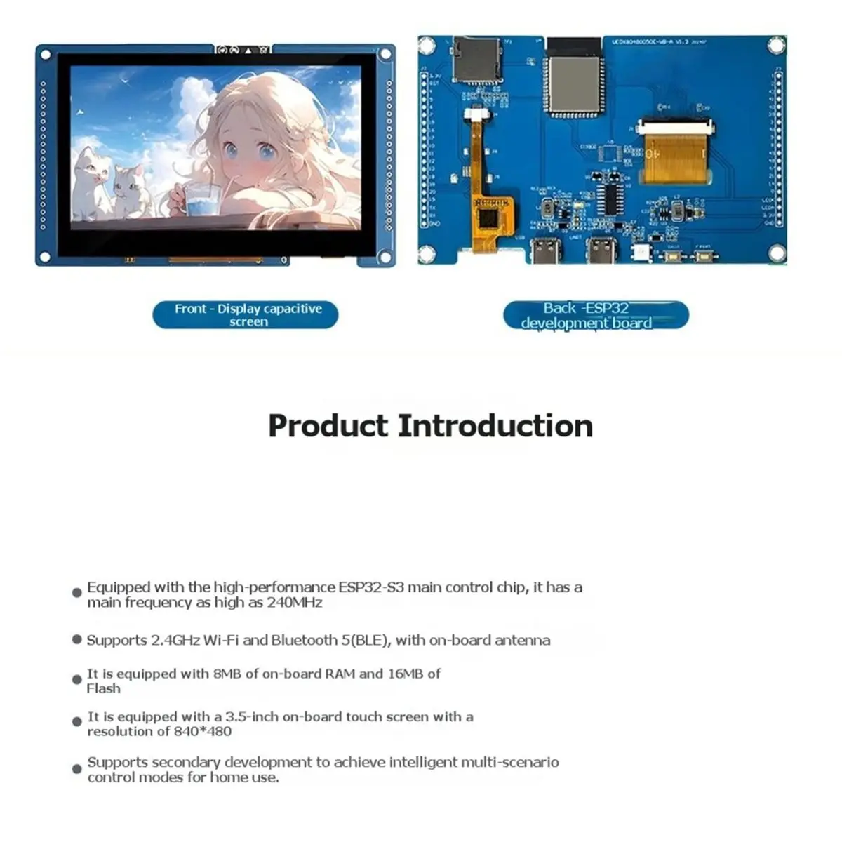 - Development Board IPS Capacitive Touch Display Screen 800x480 4.3 Inch Display WiFi BLE5 16MB Flash 8MB PSRAM