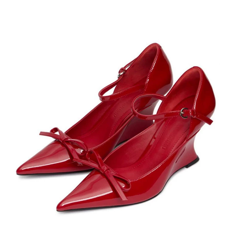 Spring new pointed toe cap shallow mouth patent leather bow Mary Zhenpo single order shoes banquet dress high heels women's shoe