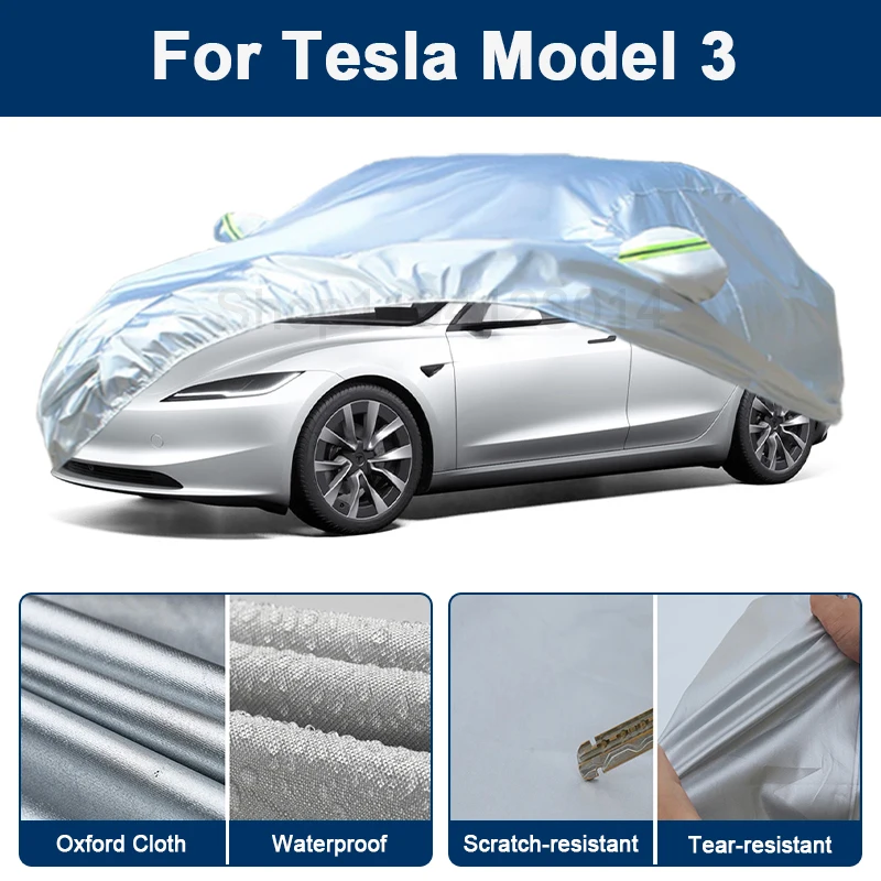 

Outdoor Full Car Cover For Tesla Model 3 with Reflective Strips Waterproof Snowproof Dustproof UV Protection